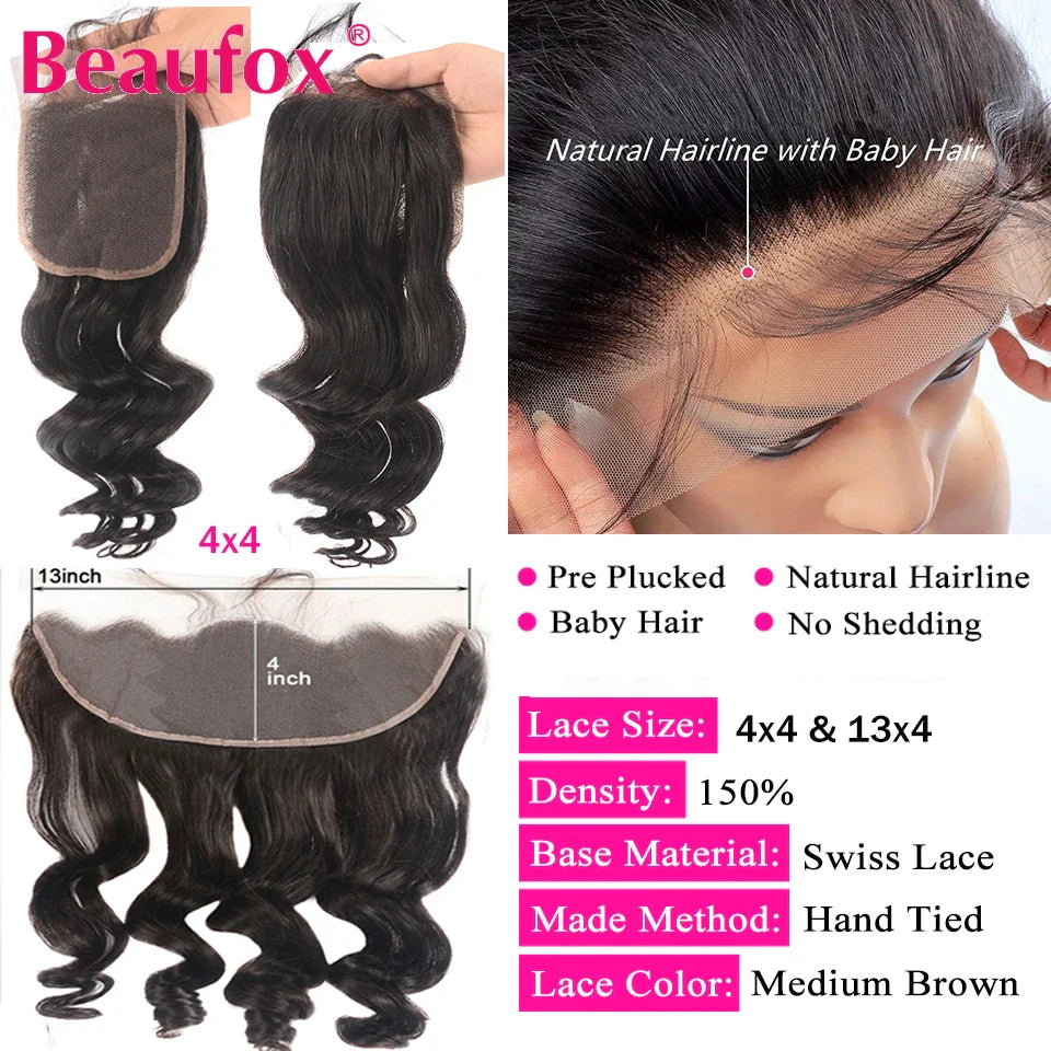 Beaufox Lace Frontal Closure With Bundles Loose Wave Bundles With Closure Indian Human Hair Bundles With Frontal Closure Remy