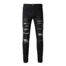 Men Pleated Patch Biker Jeans Streetwear Skinny Tapered Stretch Denim Pants Ripped Patchwork Black Trousers