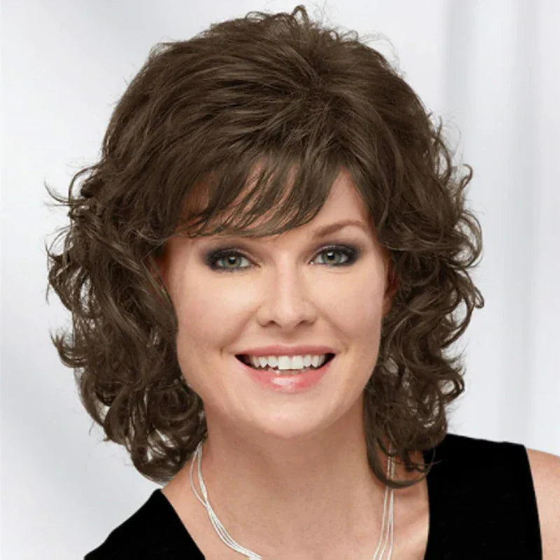 HAIRJOY Women Synthetic Hair Wigs Short Curly with Bangs  Shoulder Length Brown Blonde Grey White Wig