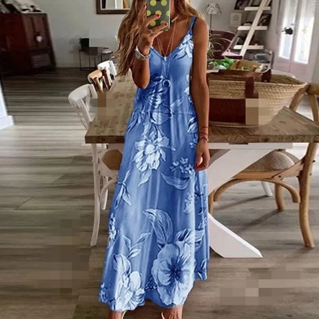 Plus Size Lady Spring Summer Dress Women V-Neck Long Dresses Elegant Casual Bohemian Sleeveless Women Beach Party Dress Woman