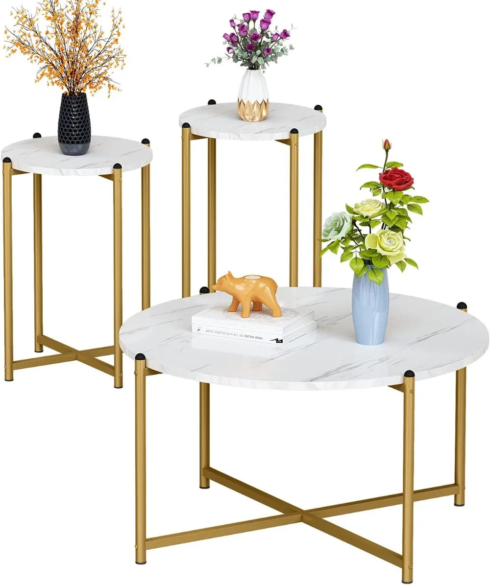 Coffee Table Set of 3, Modern Round Coffee Table & 2pcs End Table Faux Marble Tabletop with Gold Cross Base Frame, Modern