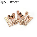 12PCS Dollhouse Furniture Gold Silver 1:12 Scale Simulation Mini Cutlery Accessory Fork Knife Spoon Miniatures Home Decor