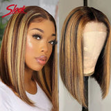 Sleek Ginger Orange Lace Front Short Bob Wigs Highlight P4/27# Brazilian Human Hair Wigs 200% Density Natural Remy Human Hair