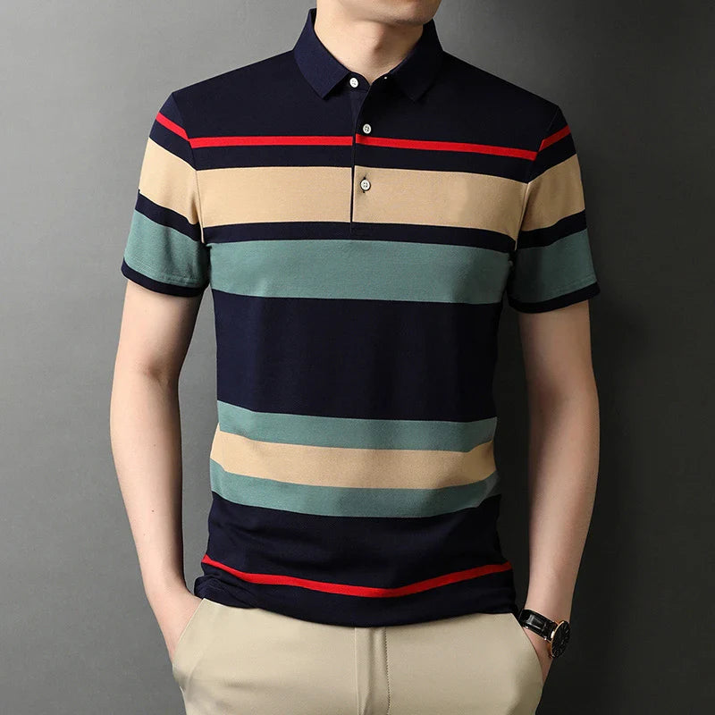 Summer Men's Polo Shirts With Short Sleeve Business Stripes Print Casual Tops Fashion Sport Wear Oversized T Shirts Man Clothes