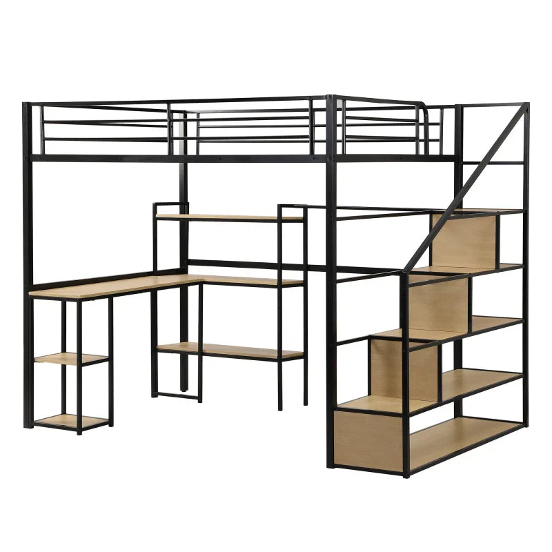 Full Size Metal Loft bed with Staircase, Built-in Desk and Shelves，Bedroom practical single bed for children, bunk bed for teen