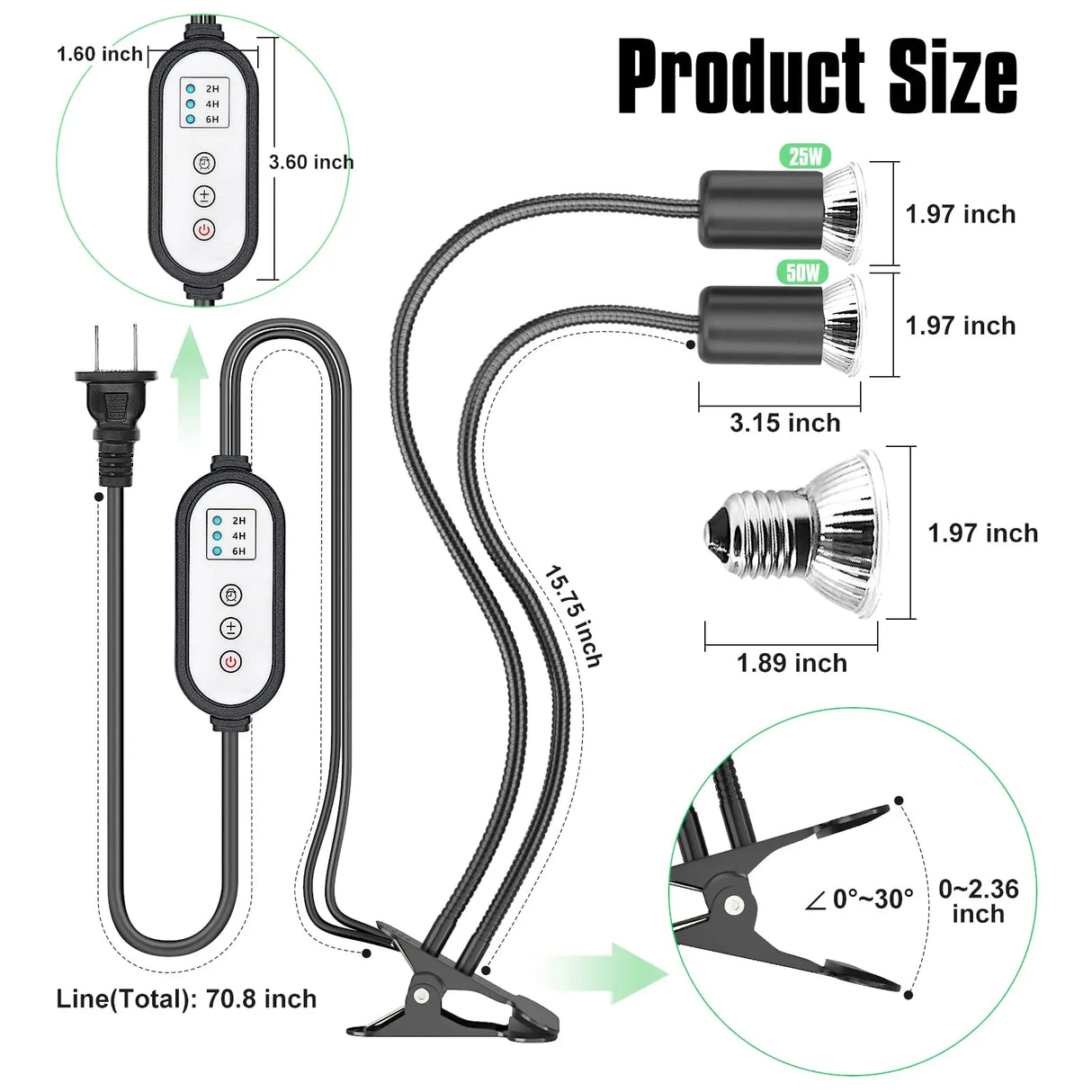 iGrowsla Dual-Head Reptile Heat Lamp Light with Timer 2/4/8H,2PCS 50W UVA/B Bulb Habitat and Clamp for Turtles, Lizard, Snake