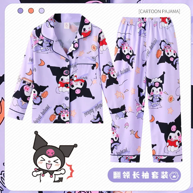 Spring Miniso Cute Children's Pajamas Sets Kawaii Anime Kuromi Pochacco Cinnamoroll Girl Boy Sleepwear Milk Silk Kids Loungewear