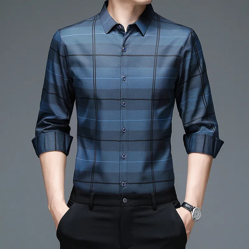 Spring Autumn Plaid Polo Shirt Men's Long Sleeve Shirts Casual Fashion Business Shirts Male Formal Top