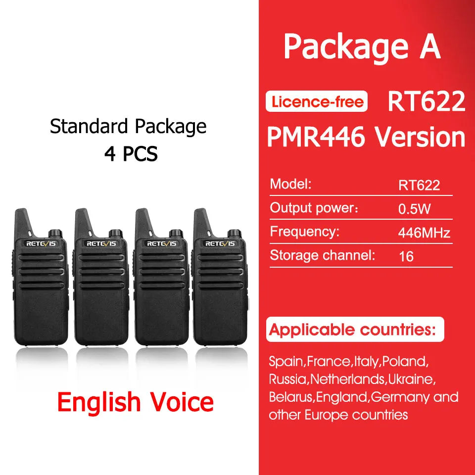 Retevis RT622 Mini Walkie Talkie 4 Pcs Walkie-talkies PMR446 FRS VOX Portable Two Way Radio Station for Restaurant Hotel