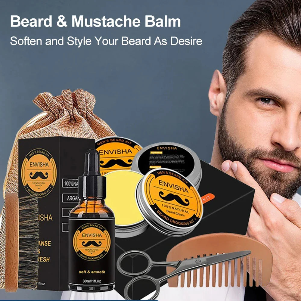 1Set Men Beard Grooming Kit Mustache Beard Hair Growth Oil Styling Tool Beard Essential Balm Comb Moisturize Wax Scissor