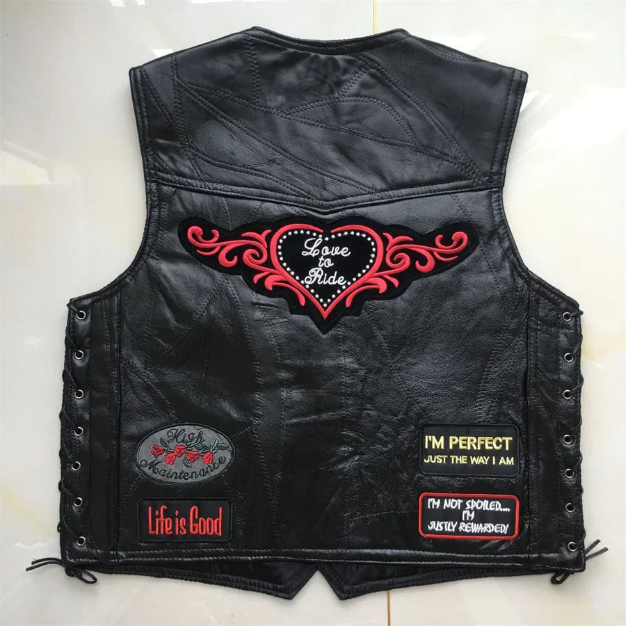 Men's Motorcycle Leather Vest Single Breasted Embroidered Sleeveless Jacket Punk Style Motorbike Waistcoat for Men Clothing