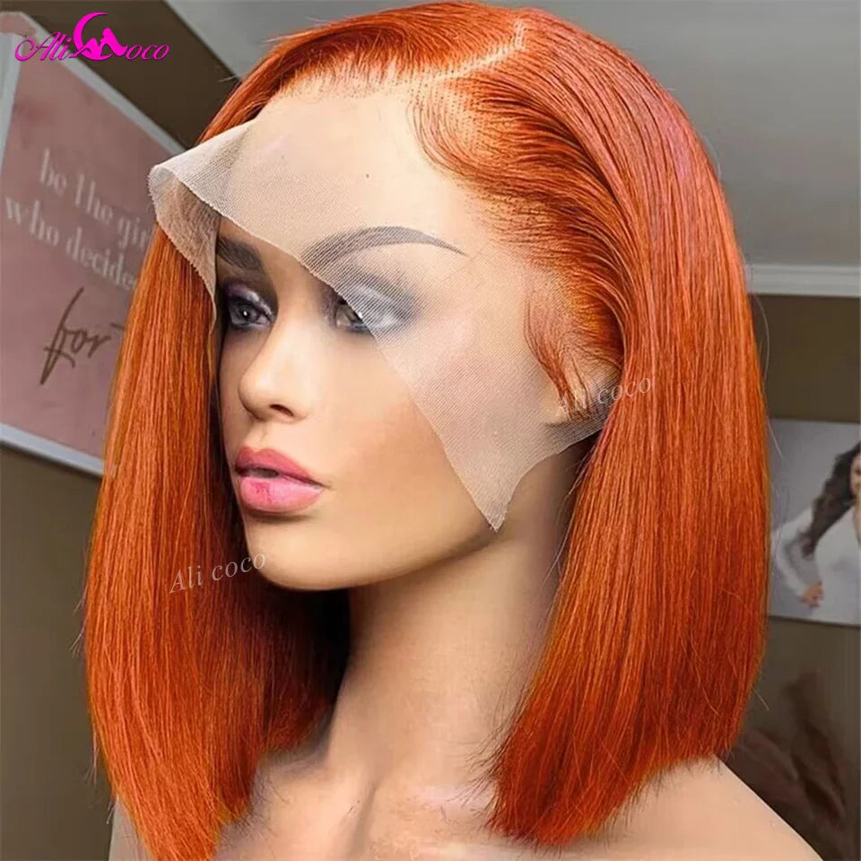 180% Density Ginger Orange Straight Bob Wig 13x4 Lace Frontal Bob Human Hair Wigs For Black Women Brazilian Remy Straight Wig