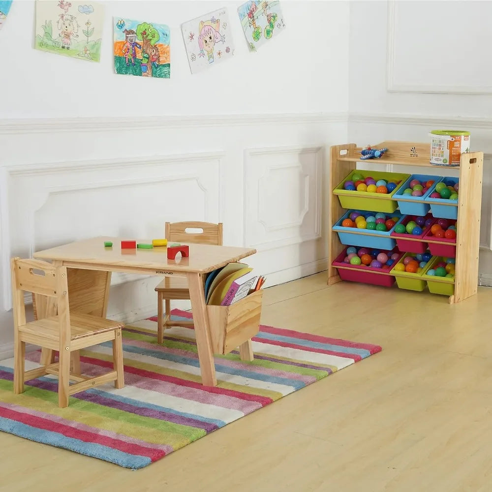 Kids Solid Wood Table and 2 Chair Set with Storage Desk and Chair Set for Children Toddler Activity Table