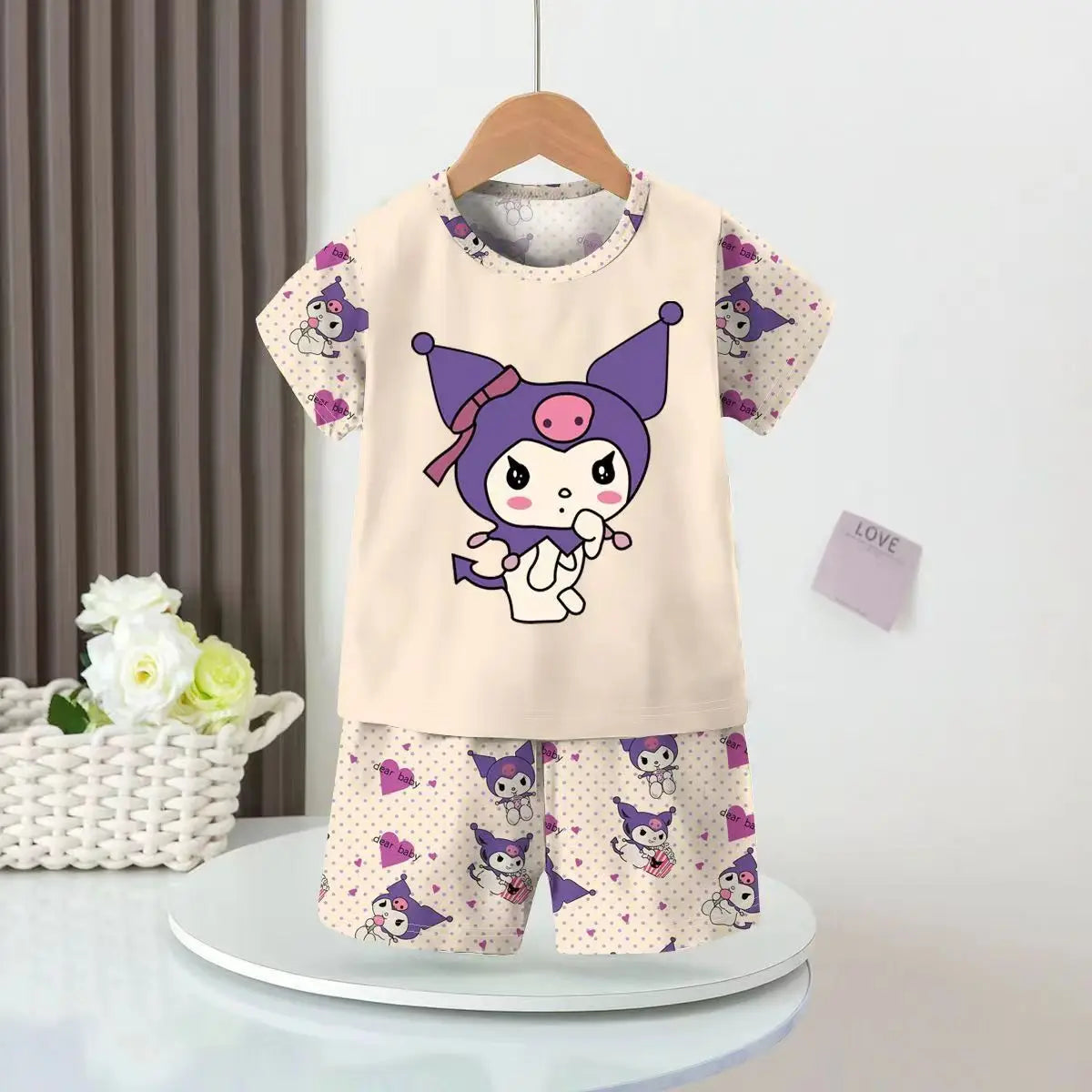 Anime Summer Kids Ice Silk Pajamas Kawaii MyMelodys Kuromis Cinnamorolls Cartoon Short Sleeve Cardigan Loungewear Set