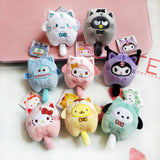 Sanrio Cat Cross Dressing Plush Keychain Cartoon Anime Pendant Kuromi Melody Pompompurin Hangyodon Plushie 키링 Kawaii Bag Decor