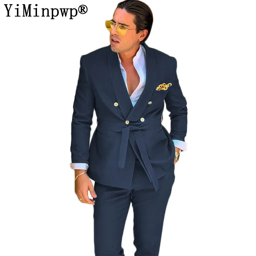 Designer Green Suits for Men 2 Piece Blazer Sets Double Breasted Belt Wedding Party Travel Suit trajes de hombre Jacket+Pants