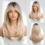 Layered Synthetic Wigs Black Blonde Ombre Highlight White Wig with Bangs Shoulder Length Hair for Women Daily Use Heat Resistant