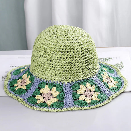 Colorful Crochet Straw Bucket Hat Handmade Knitted Flowers Beach Fisherman Hat for Women Sunshade Cap Vintage Accessories