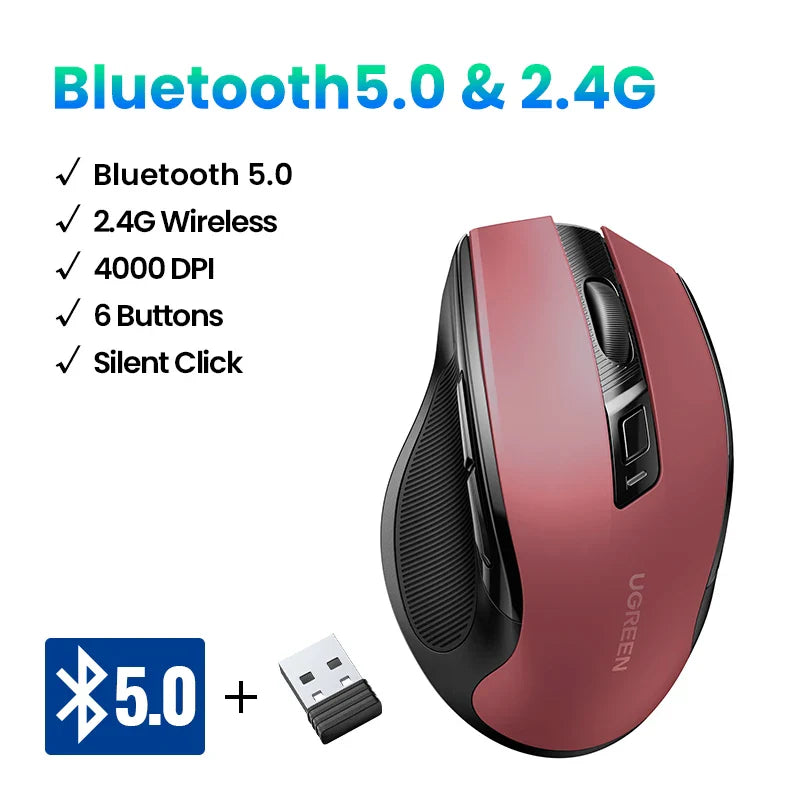 UGREEN Wireless Mouse Bluetooth5.0 Mouse Ergonomic 4000DPI 6 Mute Buttons Mouse For MacBook Tablet Laptops Computer PC 2.4G Mice