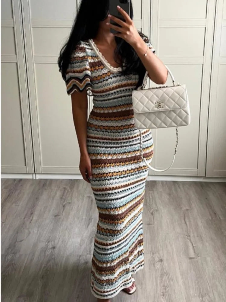 Knitted Stripped U-Neck Short Sleeve Dresses Female Crochet Straight Bodycon Vestidos Women Fashion Casual Beach Street Clothing