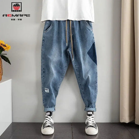 Spring and Autumn Drawstring Hip Hop Baggy Designer Streetwear Men's Clothing Stylish Casual Denim LOOSE Harem Jeans for Men