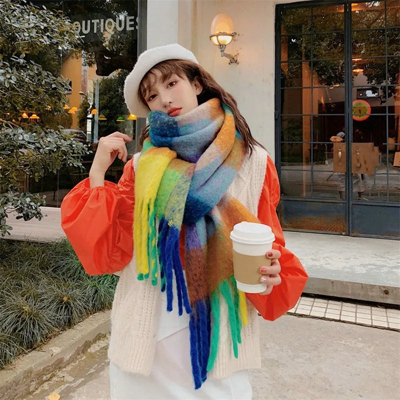 Winter Women Plaid Scarf Winter AC Pamanhmina Shawls Cashmere Thick Wraps Lady Tassel Warm Scarves Rainbow Hairy Bufanda Man