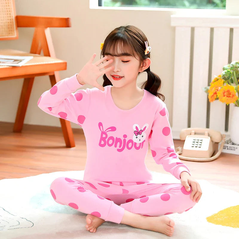 Autumn Cotton Sleepwear Sets for Children Baby Girls Lovely Heart Pajamas 2Pcs Long Sleeve Shirts+Pants Loungewear Kids Clothing