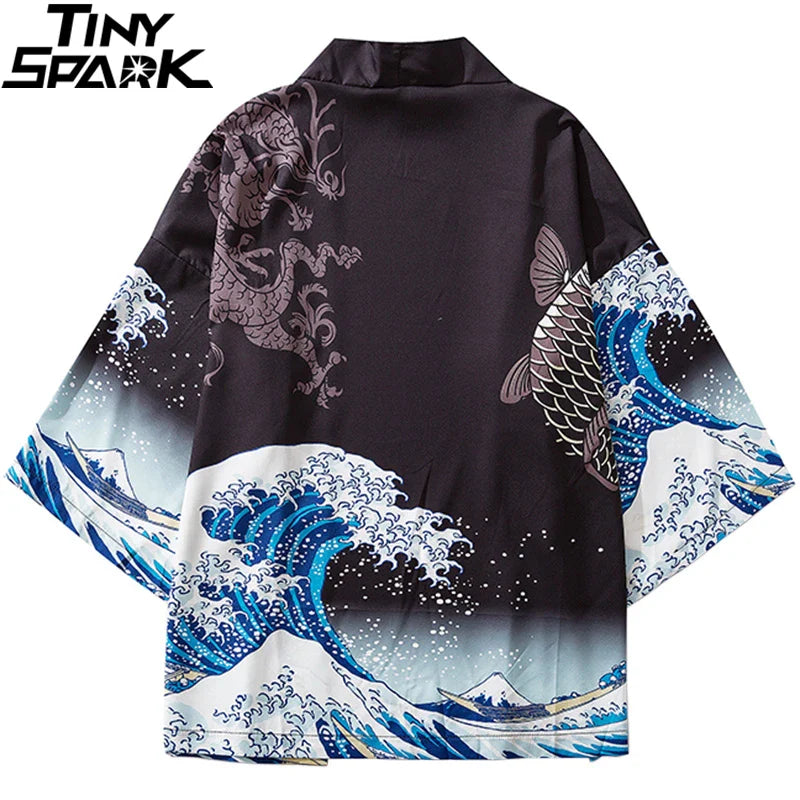 2023 Harajuku Kimono Jacket Japanese Kanagawa Great Wave Hip Hop Mens Streetwear Jacket Dragon Koi Fish Thin Gown Japan Style