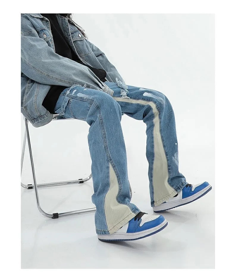 Jeans high street do old brush paint hand-painted stitching jeans men and women vibe wind straight loose micro flared pants