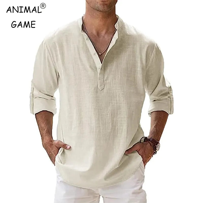 New Men's Cotton T Shirts Linen Casual Long Sleeve Button Down Shirt Loose Collar Solid Color Tops S-5XL