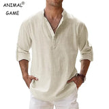 New Men's Cotton T Shirts Linen Casual Long Sleeve Button Down Shirt Loose Collar Solid Color Tops S-5XL