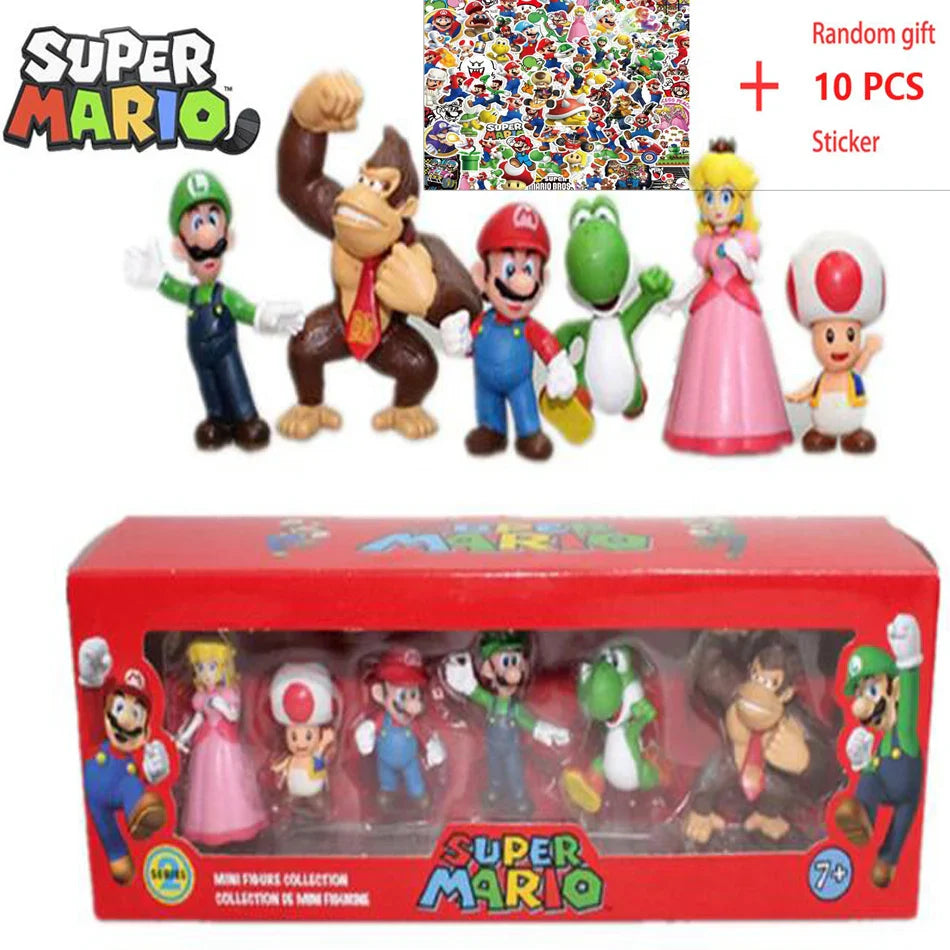 6pcs/set Super Mario Bros PVC Action Figure Toys Dolls Model Set Luigi Yoshi Donkey Kong Mushroom for kids birthday gifts AAA