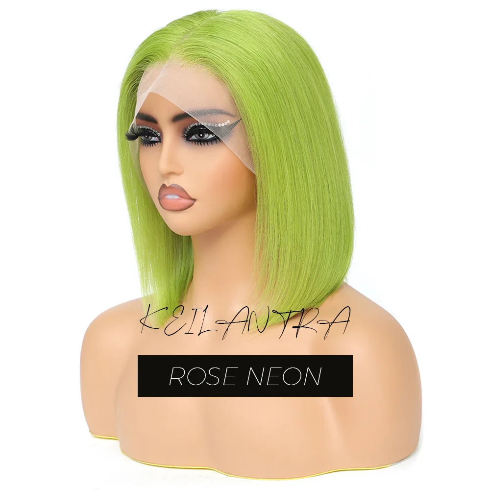 Lime Green Bob Lace Front Wigs Human Hair Wigs Glueless Short Bob Wigs Straight 13X4 Colored Lace Frontal Wigs Rose Neon