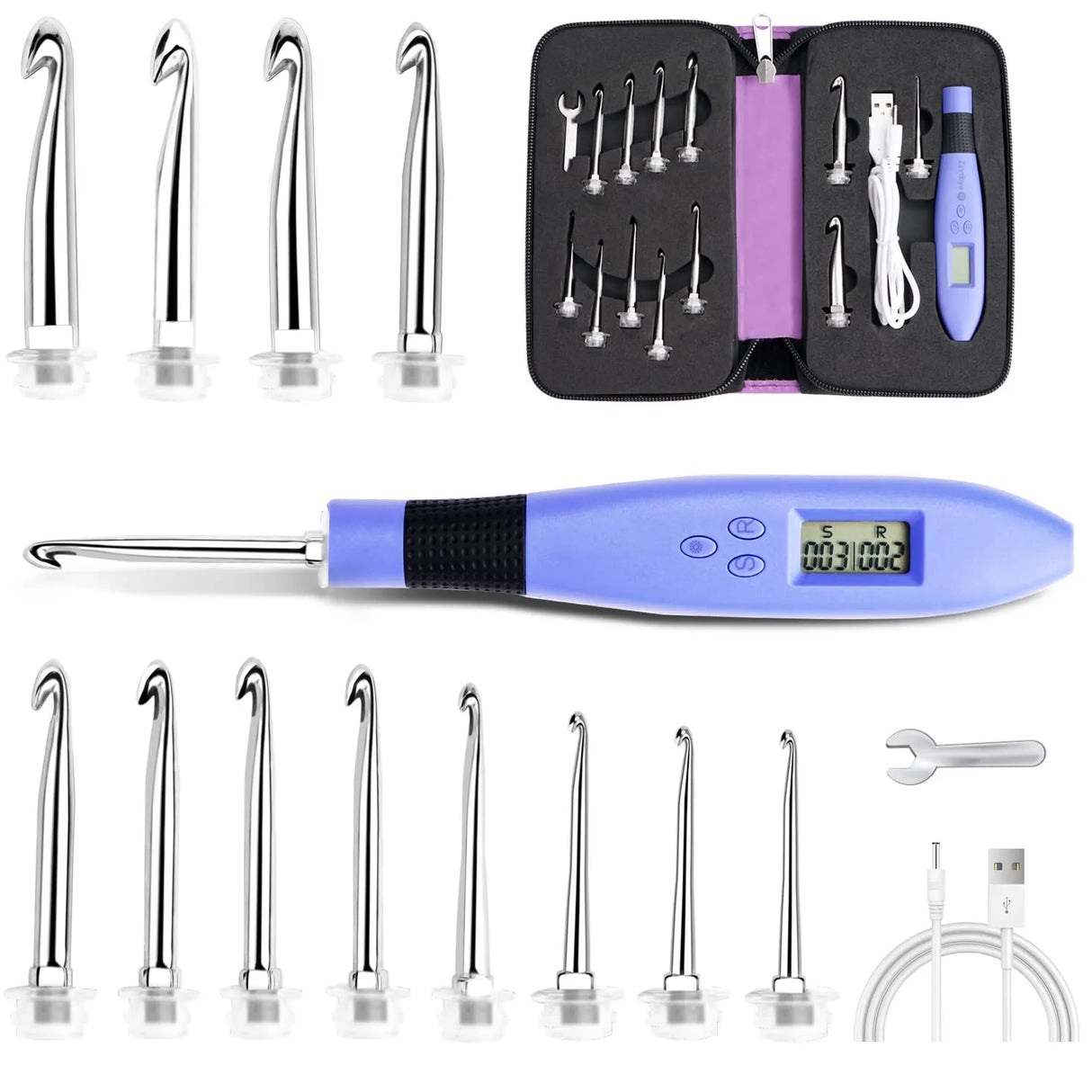 12pcs Crochet Hook Set with Counter Ergonomic Knitting Needles Kit with Led Light&Row Digital Counter DIY Tool for Knitting Hook