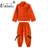 Kids Jazz Costumes Orange Long Sleeve Jacket Pants Girls Street Dance Clothes Boy Hip Hop Outfits Children Modern Dancewear Kpop