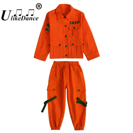 Kids Jazz Costumes Orange Long Sleeve Jacket Pants Girls Street Dance Clothes Boy Hip Hop Outfits Children Modern Dancewear Kpop