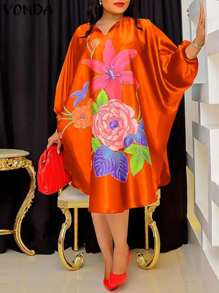 Plus Size 5XL VONDA Women Sundress 2024 Autumn Bohemian Floral Printed Elegant Midi Dress 3/4 Bat Sleeve Casual Loose Retro Robe