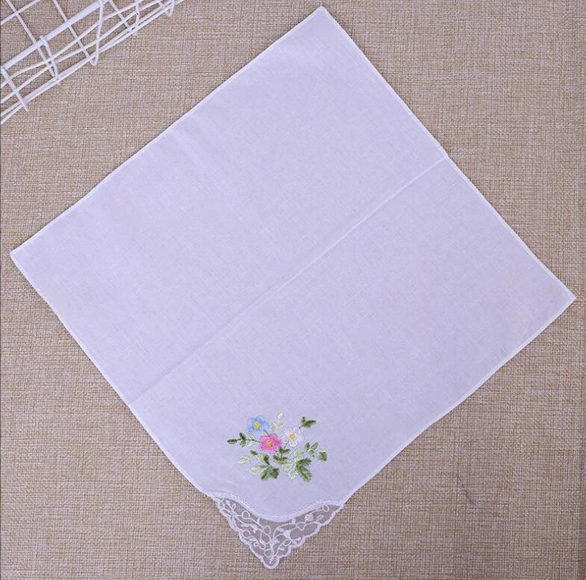 10pcs Handkerchief Cotton Floral Embroidery Lace Edge Square Towel