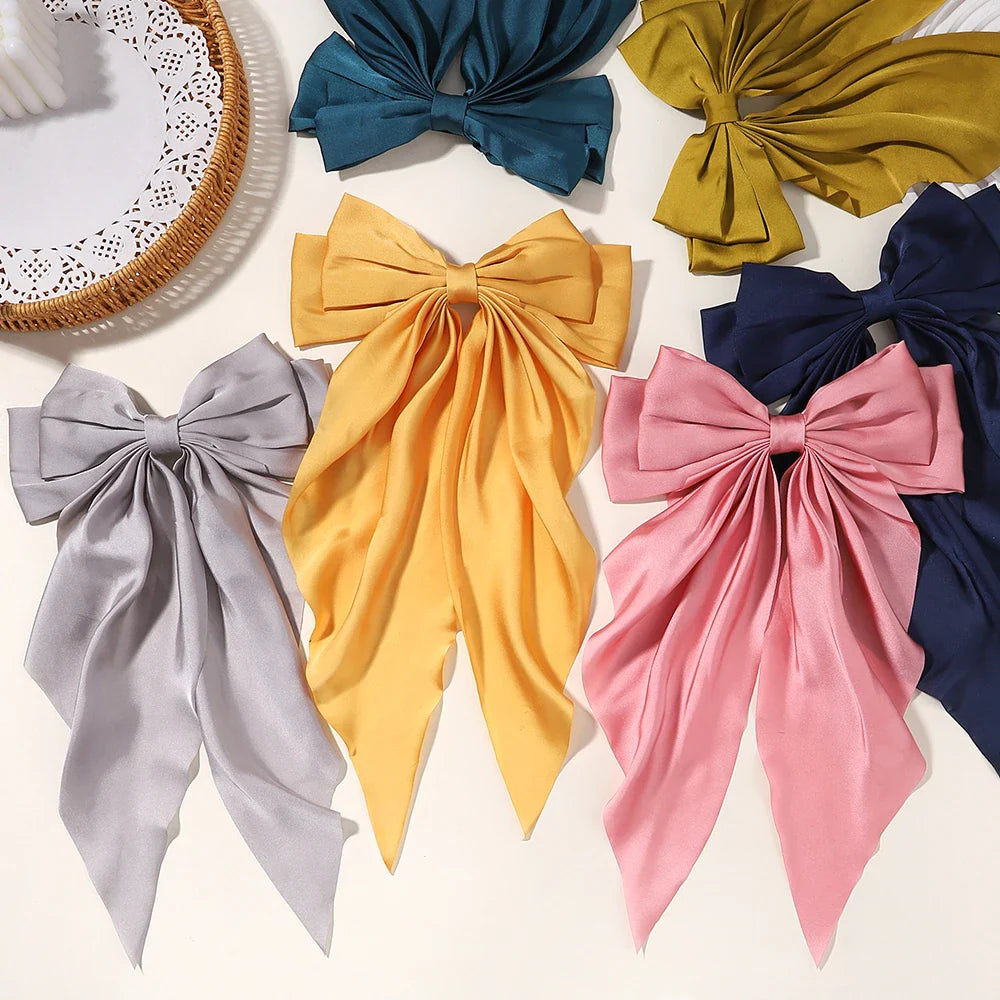 Fashion Two-layers Bowknot Streamer Hairpin Woman Girl Satin Ribbon Barrette Bow Back Head Spring Clip Headwear Hair Accessories