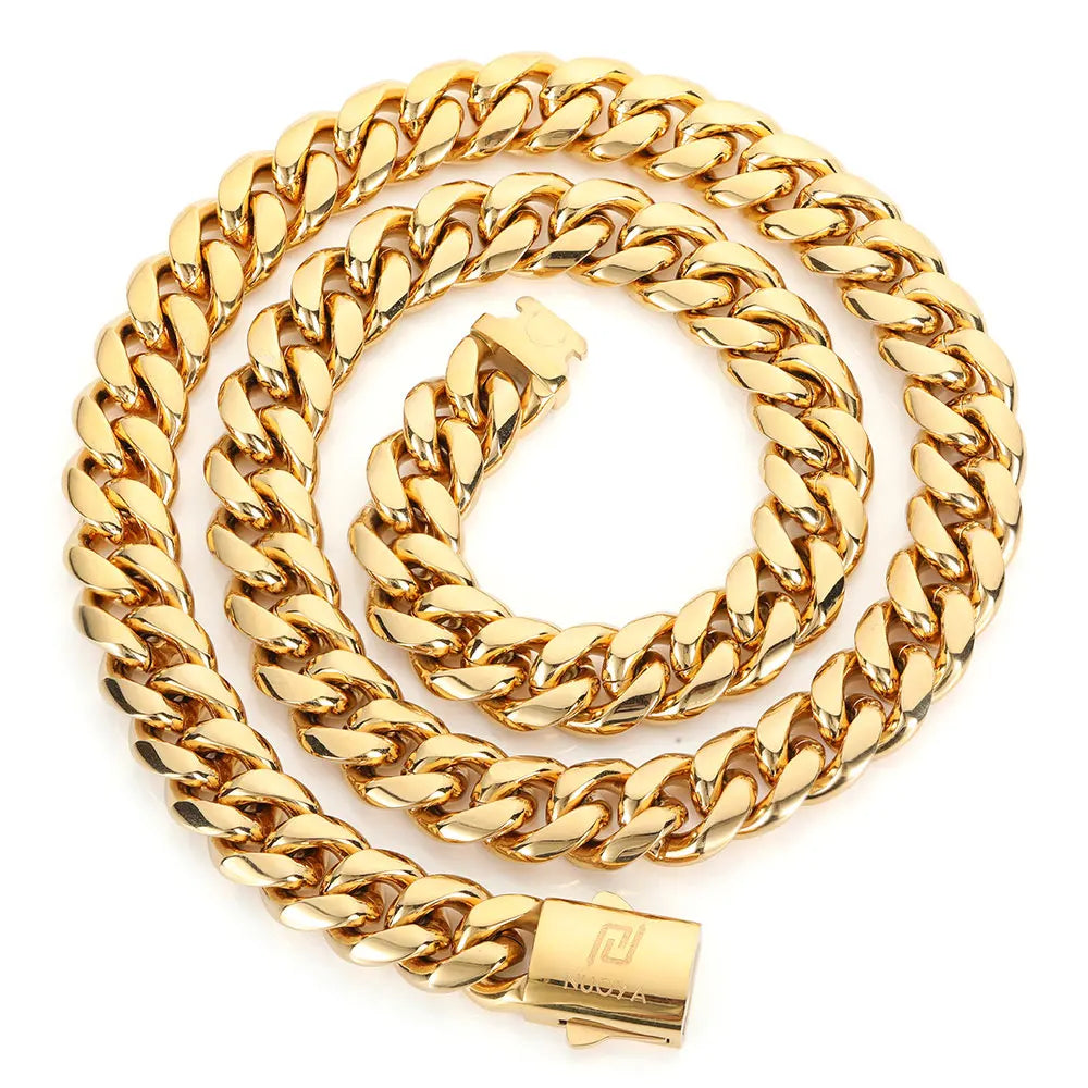 Hip Hop PVD Plated Stainless Steel Necklace Snap Clasp Men Miami Cuban Link Chain Jewelry For Girls Gift Free Laser Logo