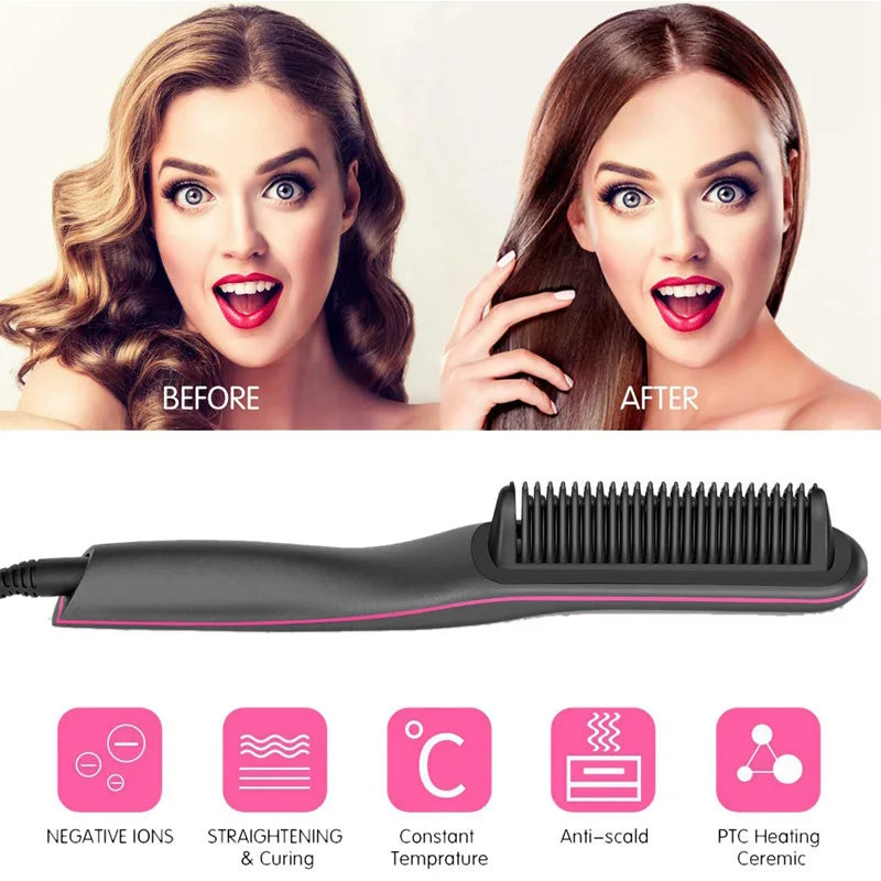 Hair Straightening Comb Anti-Scald Smooth Frizzy Hair Fast Heated Straightener Brush Mini Hot Comb Styling Appliances