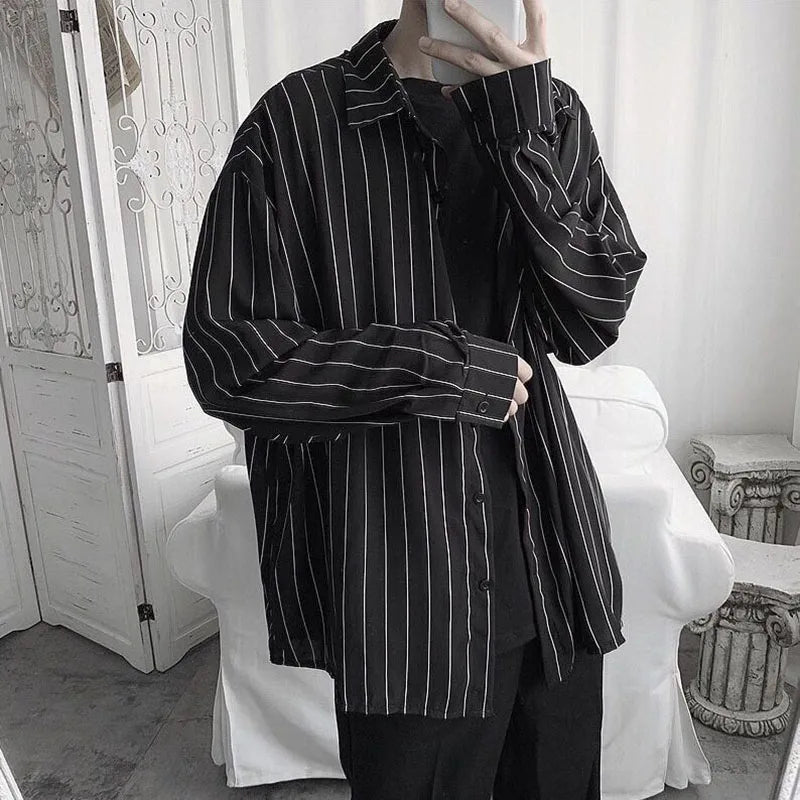 Fashion Lapel Button All-match Printed Striped Shirts Men's Clothing 2022 Autumn New Loose Casual Tops Long Sleeve Korean Shirt