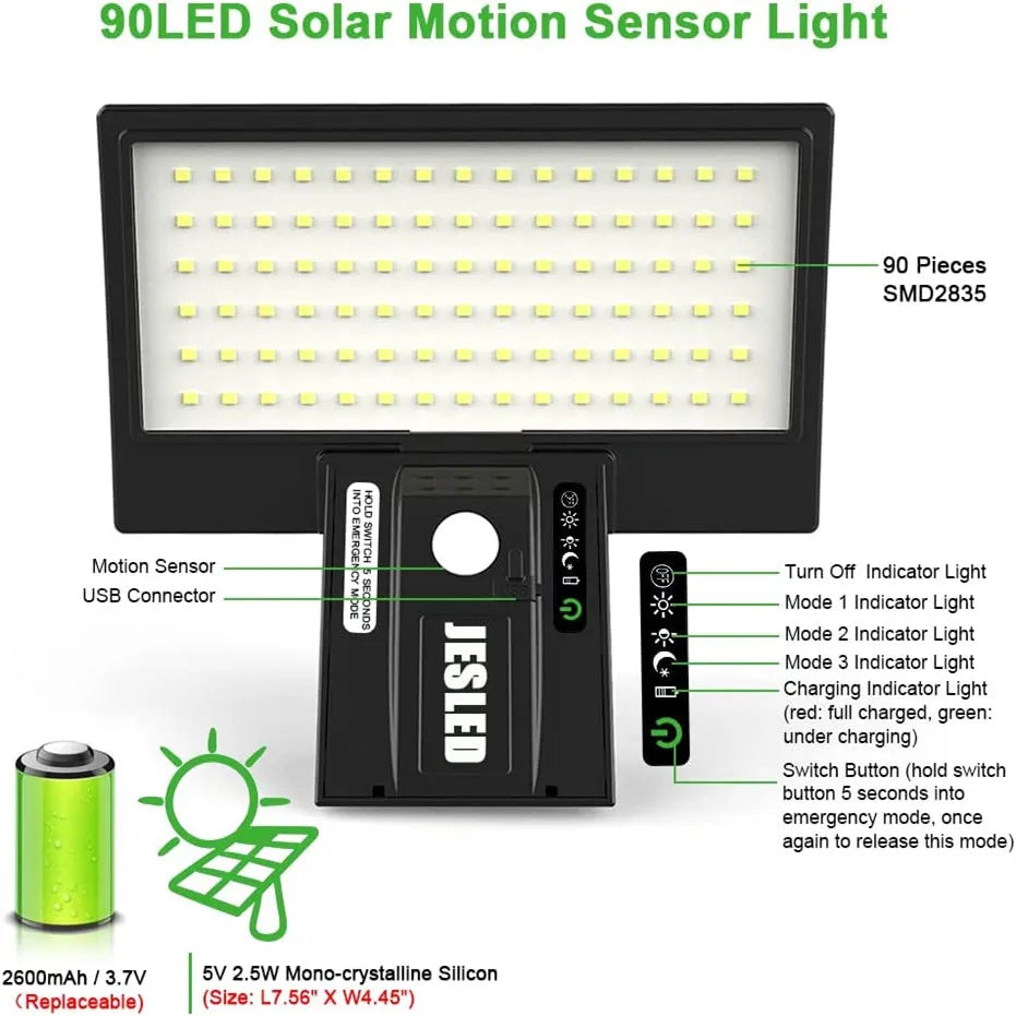 JESLED Outdoor Solar Light, 90 LED, LED Spotlight with Motion Sensor, Waterproof with 3 Smart Modes for Garden, Pat