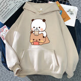 Bubu And Dudu Drink Bubble Tea Print Women Hoodie Kawaii Female Sweatshirt Harajuku Loose Long Sleeve Plus Size Clothes Tops