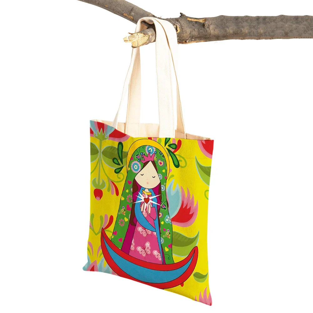 Ladies Shopping Bag Cartoon Virgin Mary Series Handbag Foldable Reusable Cloth Shopper Harajuku Style Student Canvas Tote