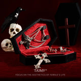 TAIMY Gothic Velvet Jewelry Coffin Shape Ring Necklace Storage Box Logo Custom Display Packaging Case Travel Hip Hop Rap Boxes