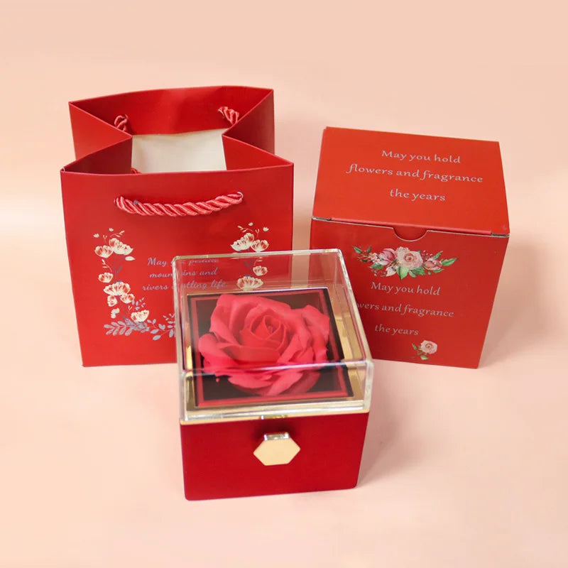 New Rotation Rose Jewelry Gift Box Valentine's Day Marriage Acrylic Ring Boxes Necklace Storage Rose Jewelry Display Rack