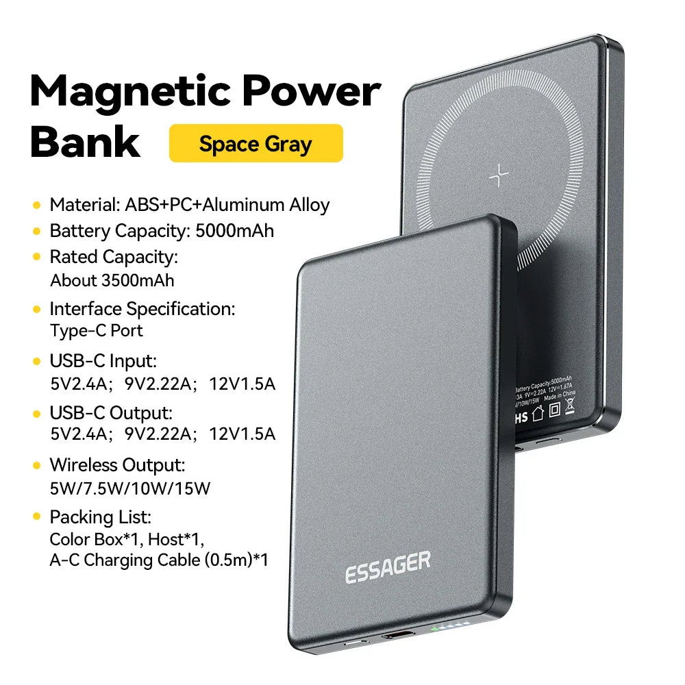 Essager Thin Wireless Power Bank 5000mAh Fast Charge Powerbank Magnetic Portable External Battery Charger for iPhone 15 14 13 12