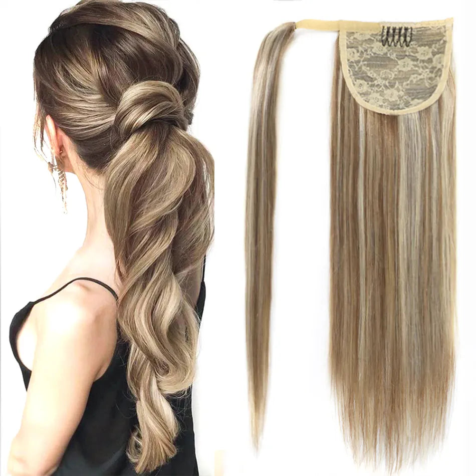 Real Beauty Straight Human Hair Magic Tie Ponytail 100% Remy Human Hair Wrap Around Ponytails Extension for Black Women