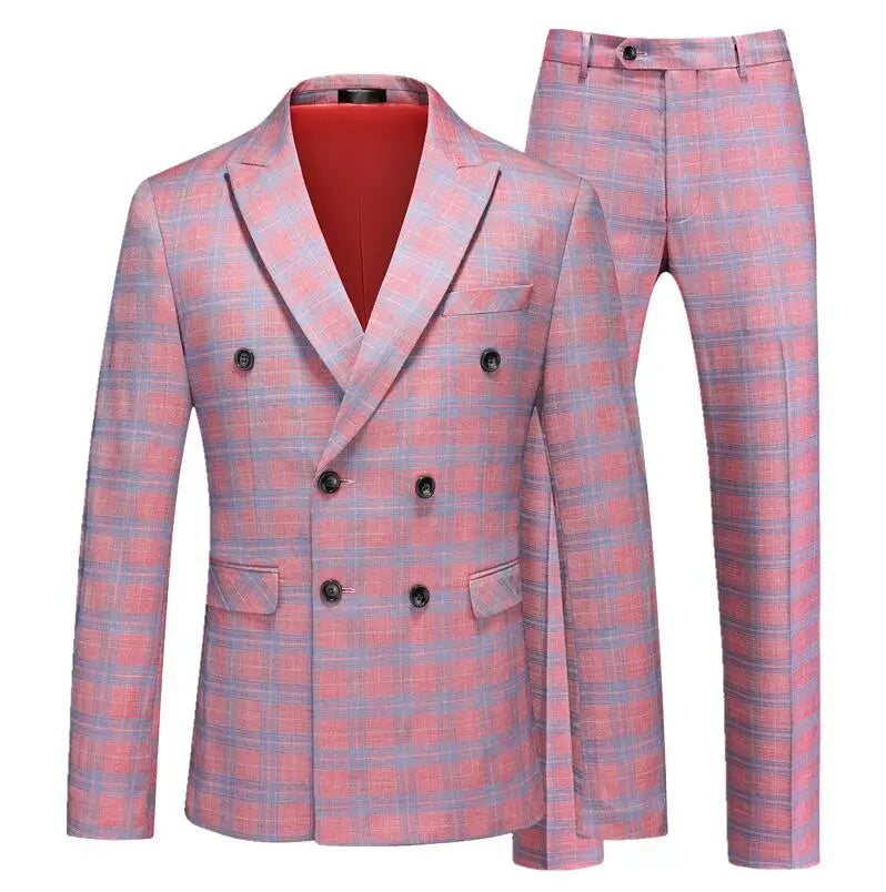 Red Striped Plaid Suit 2 Piece Men's Wedding Party Dress Set Stylish Slim Fit Jacket with Pants Gray Purple Blazer and Trousers